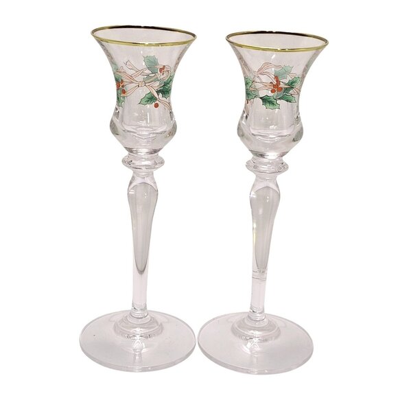 2 Mikasa Ribbon Holly Candlestick Holder 7.75" Christmas Holiday vtg 90s Gold Tr - Picture 1 of 7